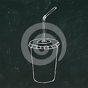 Paper Cup with Lid and Straw, Glass for Beverage Takeaway. Realistic Hand Drawn Doodle Style Sketch.Vector Illustration