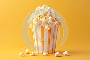 Paper cup with popcorn on yellow isolated background.