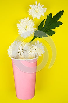 A paper cup for takeaway coffee in pink color lies on a yellow background, white flowers lie out of it