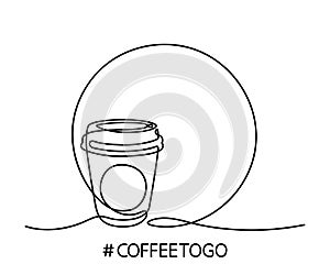 Paper Cup of tea or coffee. Coffee drink made of single continuous line. Coffee to go concept, for fast food cafe design