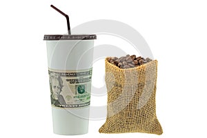 Paper cup wrapped with USD dollar banknote money next to hemp sa