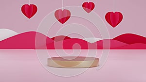 Paper cur Heart balloon floating with Neon podium. Happy Valentine\'s Day. Pink background