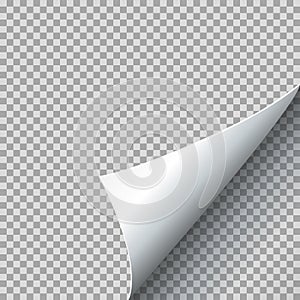 Paper curl vector illustration. Curled page corner with shadow on transparent background