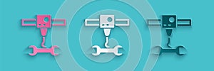 Paper cut 3D printer wrench spanner icon isolated on blue background. 3d printing. Paper art style. Vector