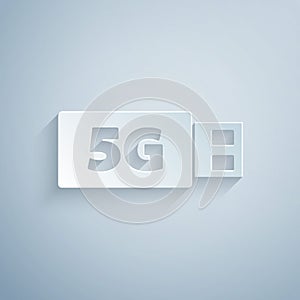 Paper cut 5G modem for fast mobile Internet icon isolated on grey background. Global network high speed connection data