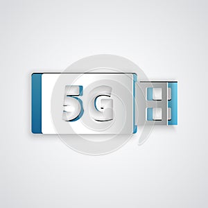 Paper cut 5G modem for fast mobile Internet icon isolated on grey background. Global network high speed connection data