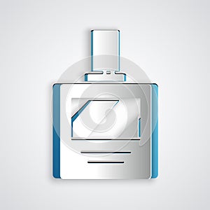 Paper cut Aftershave icon isolated on grey background. Cologne spray icon. Male perfume bottle. Paper art style. Vector