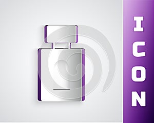 Paper cut Aftershave icon isolated on grey background. Cologne spray icon. Male perfume bottle. Paper art style. Vector