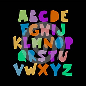 Paper cut Alphabet. Modern simple hand drawn colorful font. Cute kids poster. Capital bold letters in childish graphic