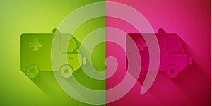 Paper cut Ambulance and emergency car icon isolated on green and pink background. Ambulance vehicle medical evacuation