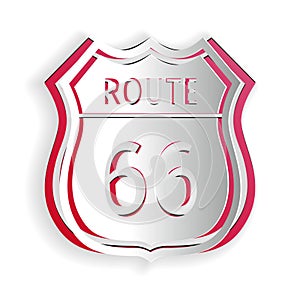 Paper cut American road icon isolated on white background. Route sixty six road sign. Paper art style. Vector