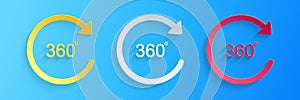 Paper cut Angle 360 degrees icon isolated on blue background. Rotation of 360 degrees. Geometry math symbol. Full