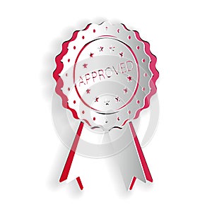 Paper cut Approved or certified medal badge with ribbons icon isolated on white background. Approved seal stamp sign