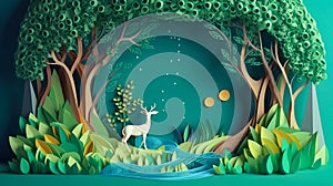 Paper cut art , Green forest and deers wildlife with nature background , ecology and environment conservation concept.
