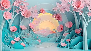 Paper cut art of a sunrise scene with pink flowers, orange sun, and blue silhouetted mountains