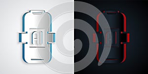 Paper cut Artificial intelligence AI icon isolated on grey and black background. Machine learning, cloud computing