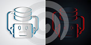 Paper cut Artificial intelligence robot icon isolated on grey and black background. Machine learning, cloud computing
