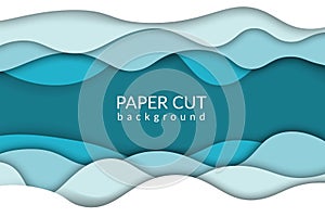 Paper cut background. Blue river wave papercut trendy design. Vector origami ocean waves