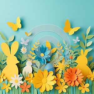 Paper cut background with bunny and flowers,geenrative ai