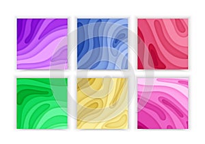 Paper cut background set with 3D slime abstract background and green, purple colorful waves layers. Abstract layout