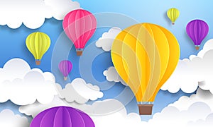 Paper cut balloons. Sky pastel background, cute origami cartoon graphic, flight voyage concept. Vector paper landscape