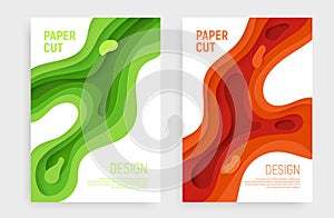 Paper cut banner set with 3D slime abstract background and green, orange waves layers. Abstract layout design for
