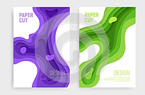 Paper cut banner set with 3D slime abstract background and green, purple waves layers. Abstract layout design for