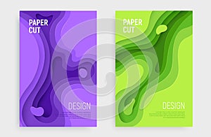 Paper cut banner set with 3D slime abstract background and green, purple waves layers. Abstract layout design for