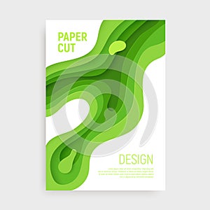 Paper cut banner set with 3D slime abstract background and green waves layers. Abstract layout design for brochure and