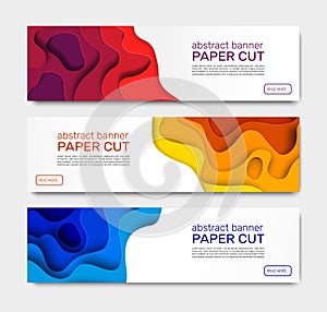 Paper cut banners. Abstract paper shapes, curved layers with shadow. Geometric cutting papers art creative vector banner