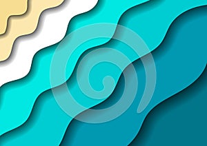 Paper cut banners with 3D abstract sea shore sand background with blue waves and shadows layer one over the other on diagonal.