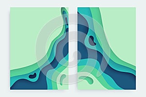 Paper cut banners set with 3D slime abstract background and blue green waves layers. Abstract layout design for brochure