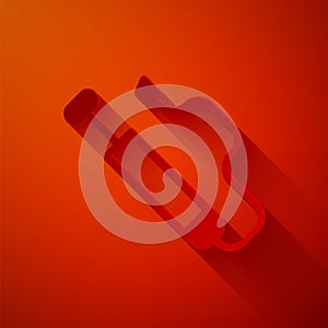Paper cut Bicycle air pump icon isolated on red background. Paper art style. Vector