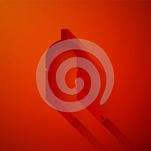 Paper cut Bicycle suspension fork icon isolated on red background. Sport transportation spare part steering wheel. Paper