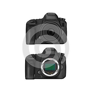 Paper cut of black slr digital camera isolated is body icon for