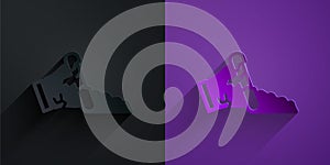 Paper cut Broken pot icon isolated on black on purple background. Paper art style. Vector