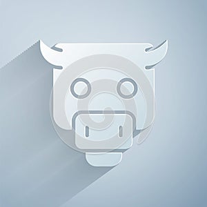 Paper cut Bull market icon isolated on grey background. Financial and stock investment market concept. Paper art style