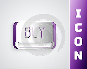 Paper cut Buy button icon isolated on grey background. Financial and stock investment market concept. Paper art style
