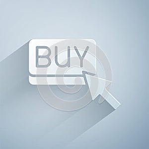 Paper cut Buy button icon isolated on grey background. Financial and stock investment market concept. Paper art style