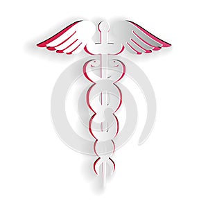 Paper cut Caduceus medical symbol icon isolated on white background. Medicine and health care concept. Emblem for