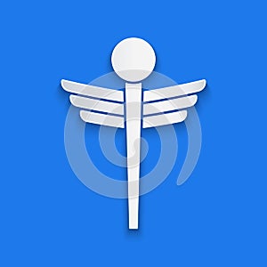 Paper cut Caduceus snake medical symbol icon isolated on blue background. Medicine and health care. Emblem for drugstore