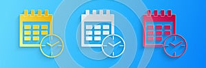 Paper cut Calendar and clock icon isolated on blue background. Schedule, appointment, organizer, timesheet, time