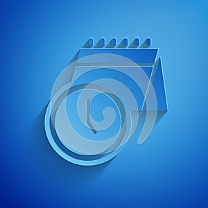 Paper cut Calendar and clock icon isolated on blue background. Schedule, appointment, organizer, timesheet, time management. Paper