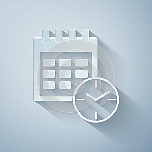 Paper cut Calendar and clock icon isolated on grey background. Schedule, appointment, organizer, timesheet, time