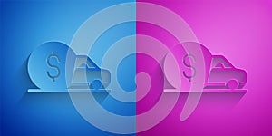 Paper cut Car rental icon isolated on blue and purple background. Rent a car sign. Key with car. Concept for automobile