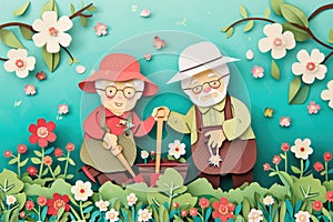 paper cut card A cheerful elderly couple gardening together, surrounded by spring blossoms