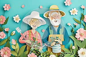 paper cut card A cheerful elderly couple gardening together, surrounded by spring blossoms