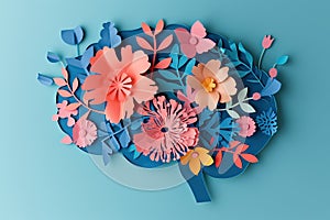 paper cut card Human brain with spring colorful flowers World Mental Health day Concept of mental health creative mind , self care