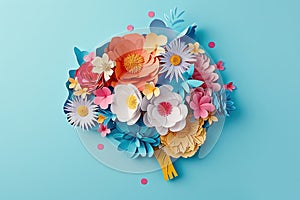 paper cut card Human brain with spring colorful flowers World Mental Health day Concept of mental health creative mind , self care