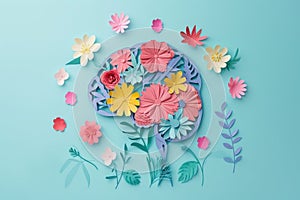 paper cut card Human brain with spring colorful flowers World Mental Health day Concept of mental health creative mind , self care